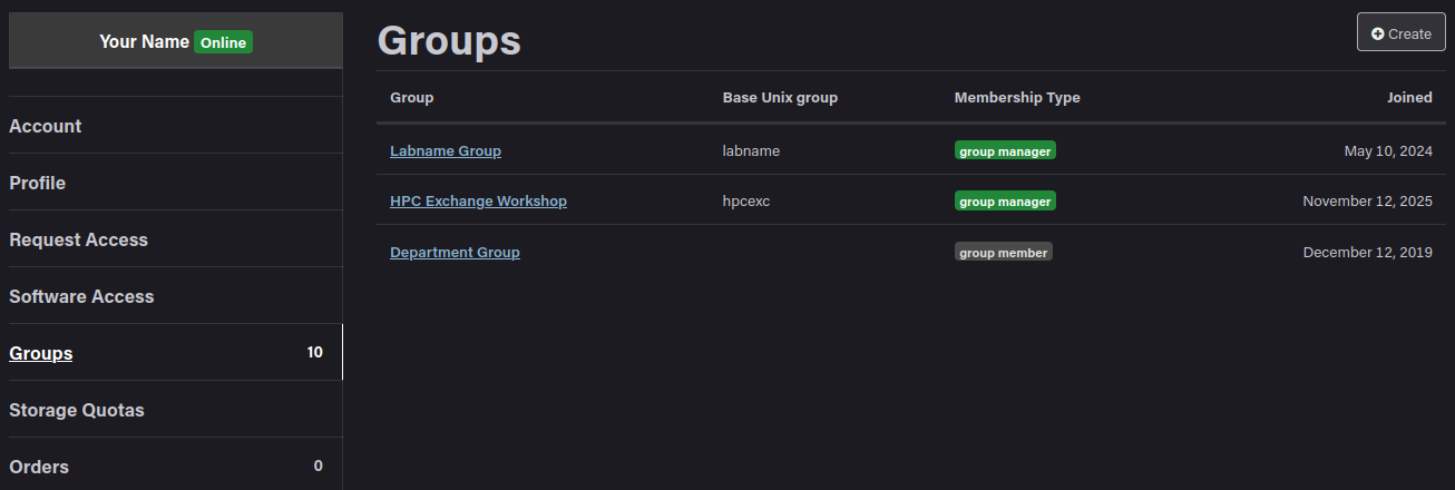A Screenshot of the RCAC account web pages showing three groups that the user is a member or manager of